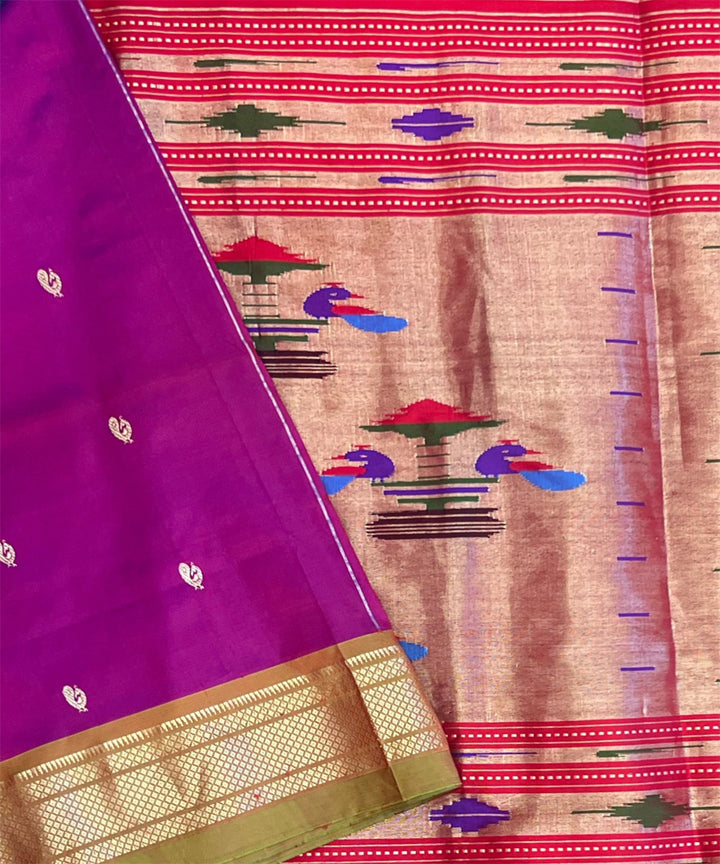 Purple silk handloom paithani saree with green contrast border