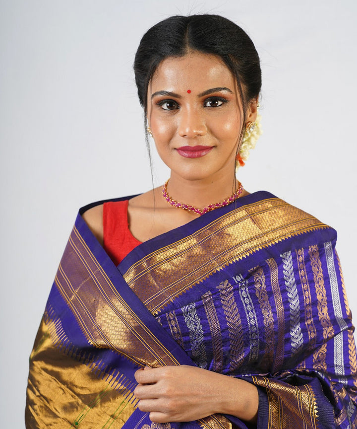 Navy blue brocade silk handloom paithani saree