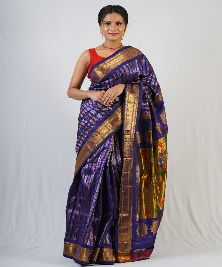 Navy blue brocade silk handloom paithani saree