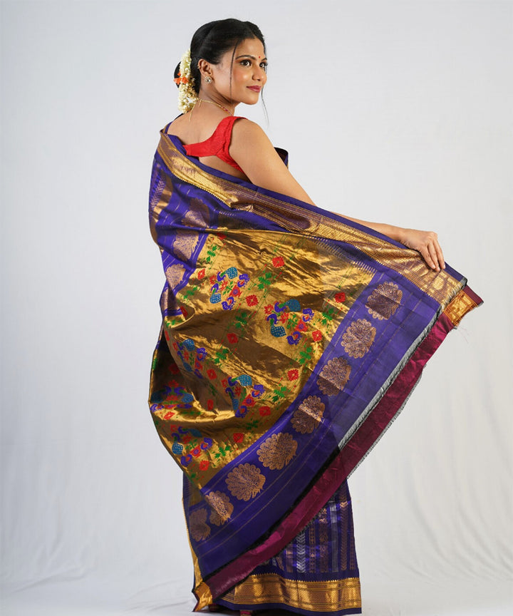 Navy blue brocade silk handloom paithani saree