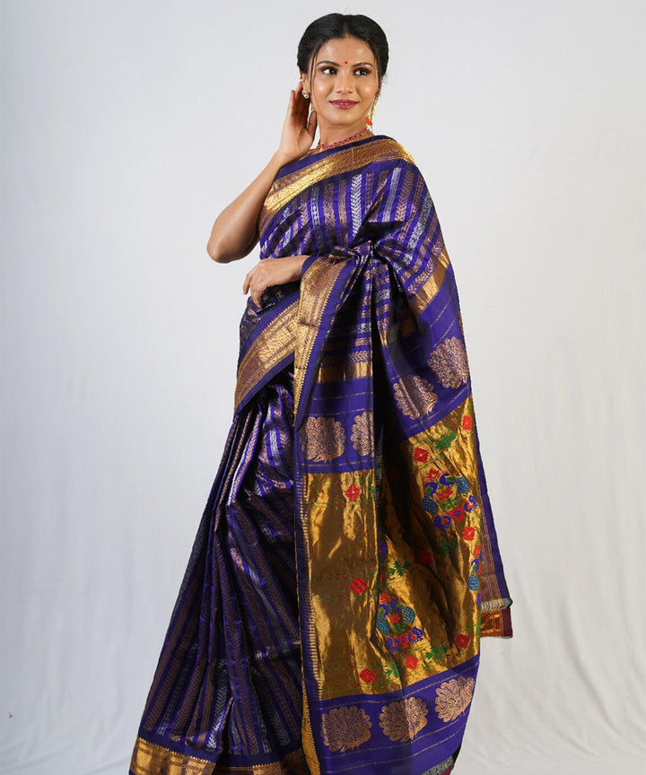 Navy blue brocade silk handloom paithani saree