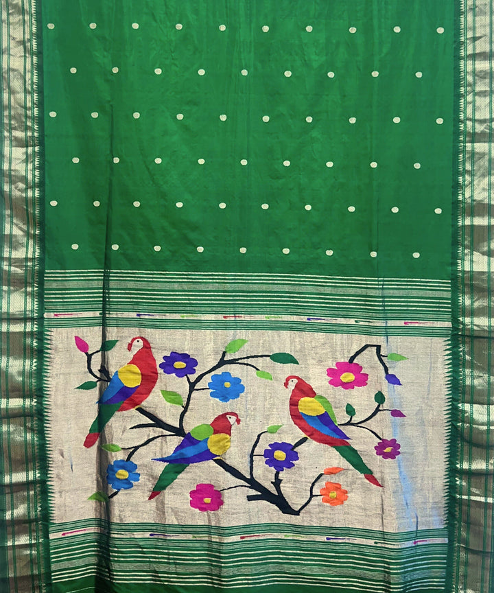 Bottle green rich pallu silk handloom paithani saree