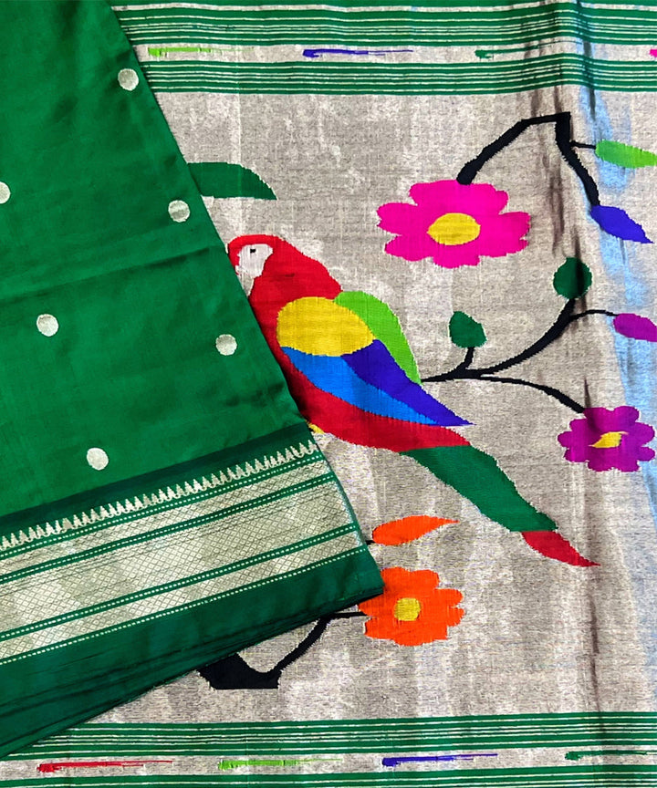 Bottle green rich pallu silk handloom paithani saree