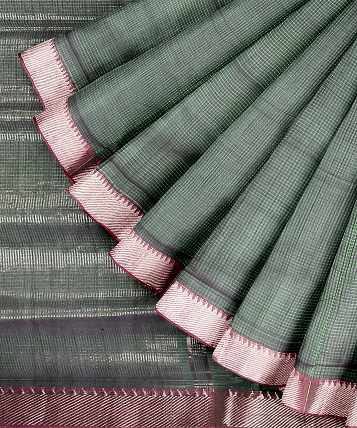 Dark green silver zari border handwoven mangalagiri cotton saree