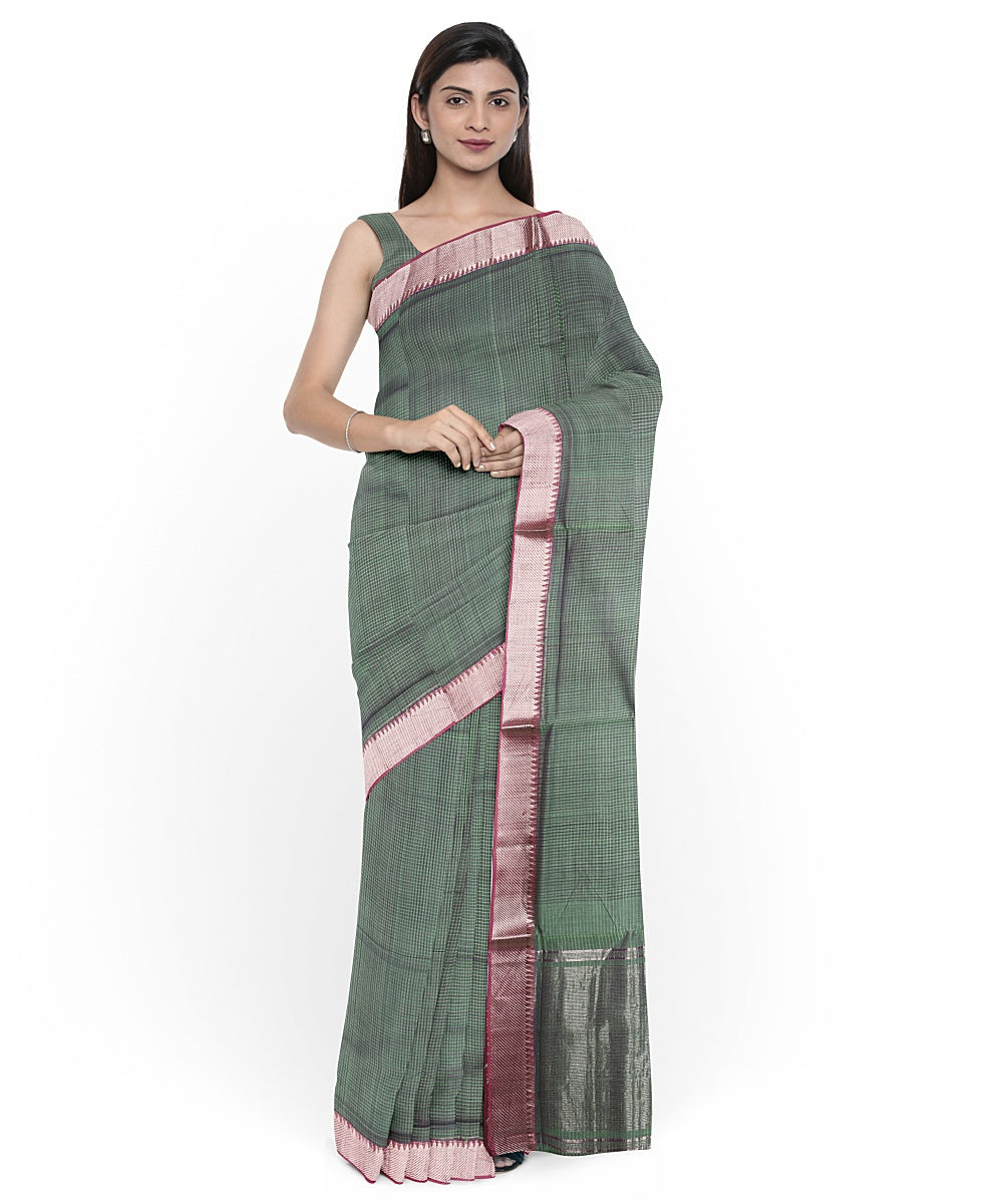 Dark green silver zari border handwoven mangalagiri cotton saree