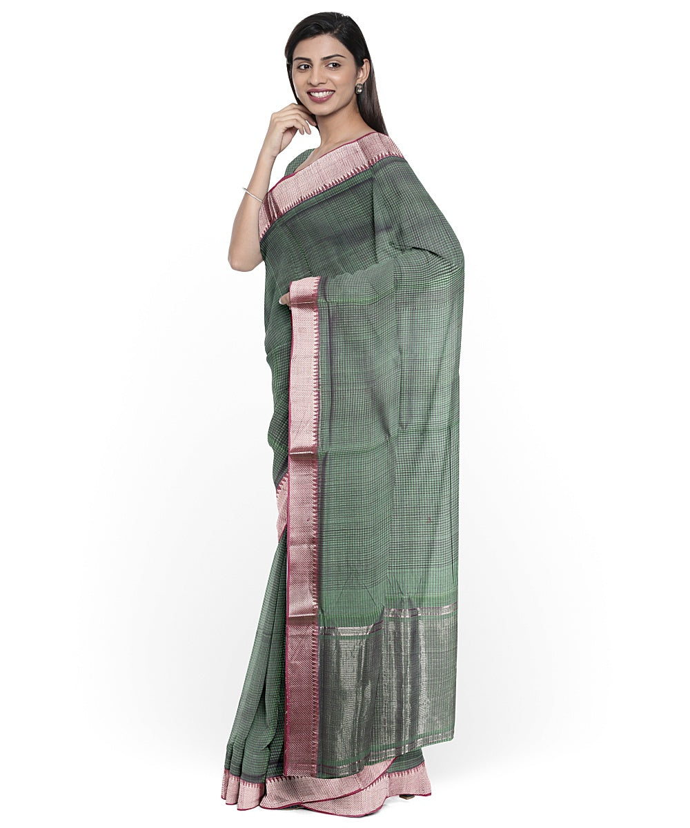 Dark green silver zari border handwoven mangalagiri cotton saree