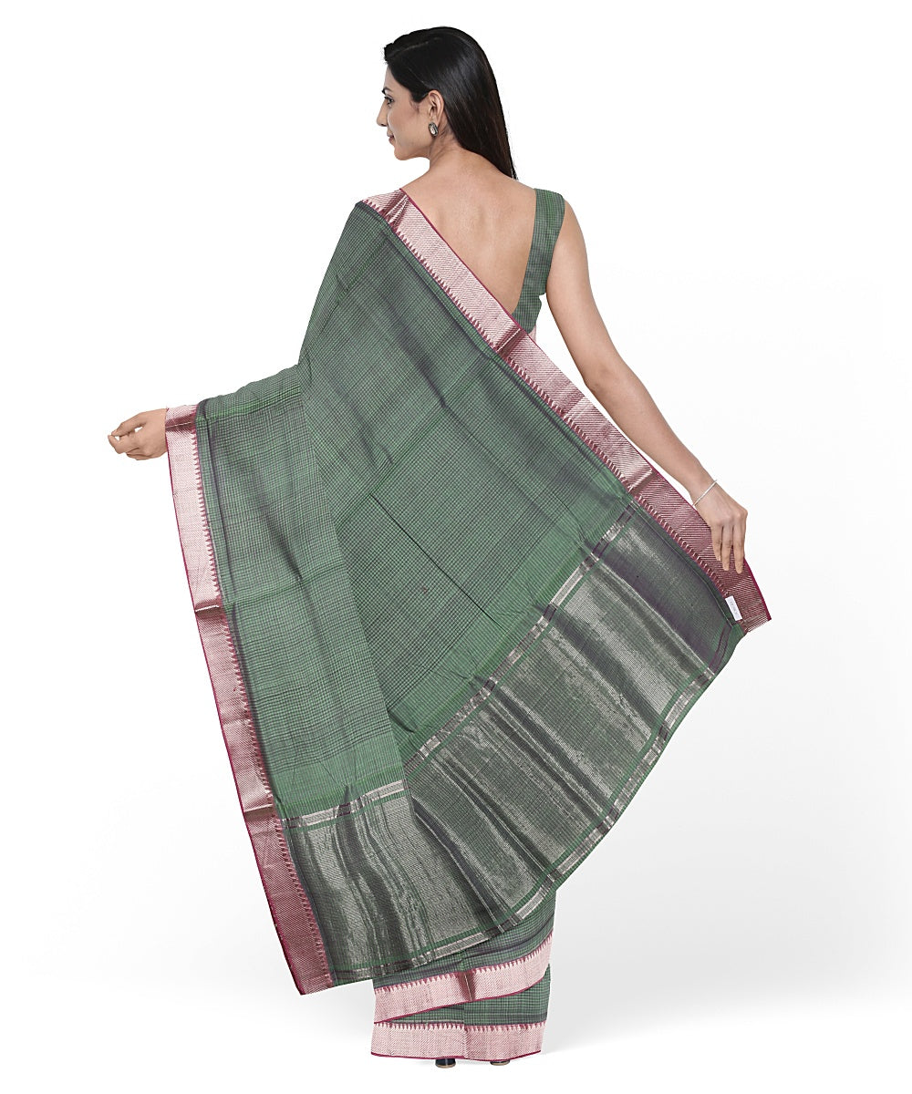 Dark green silver zari border handwoven mangalagiri cotton saree