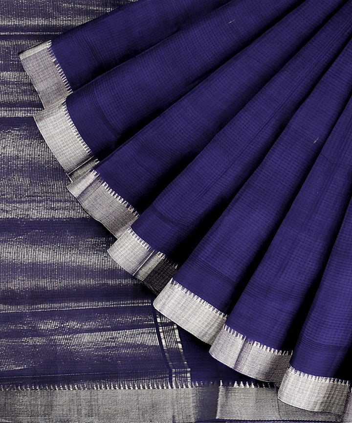 Navy blue silver zari border handwoven mangalagiri cotton saree