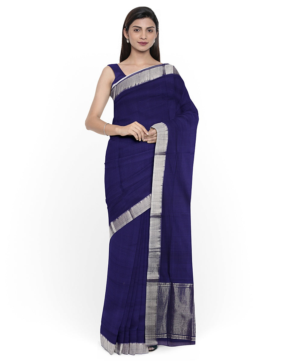 Navy blue silver zari border handwoven mangalagiri cotton saree