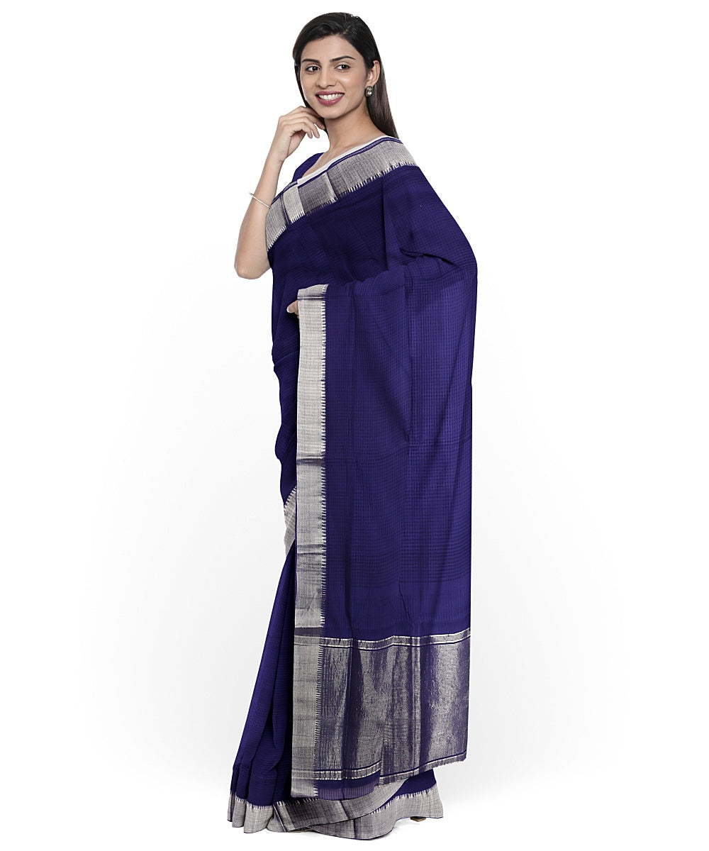 Navy blue silver zari border handwoven mangalagiri cotton saree