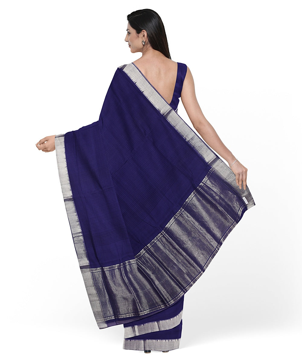 Navy blue silver zari border handwoven mangalagiri cotton saree