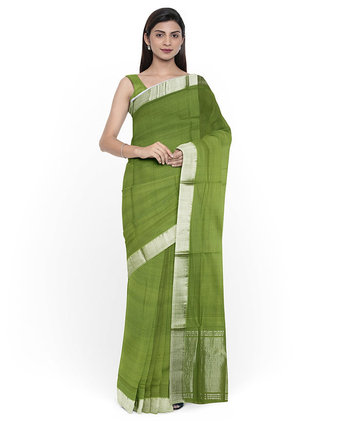 Olive green Silver zari border handloom mangalagiri cotton saree