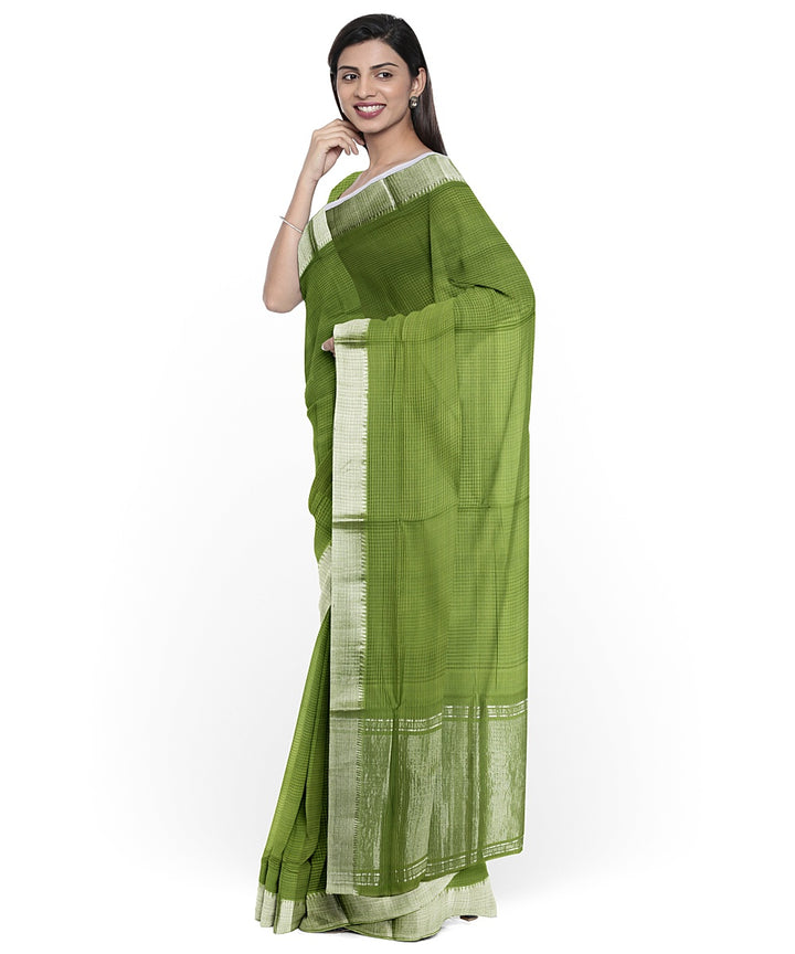 Olive green Silver zari border handloom mangalagiri cotton saree