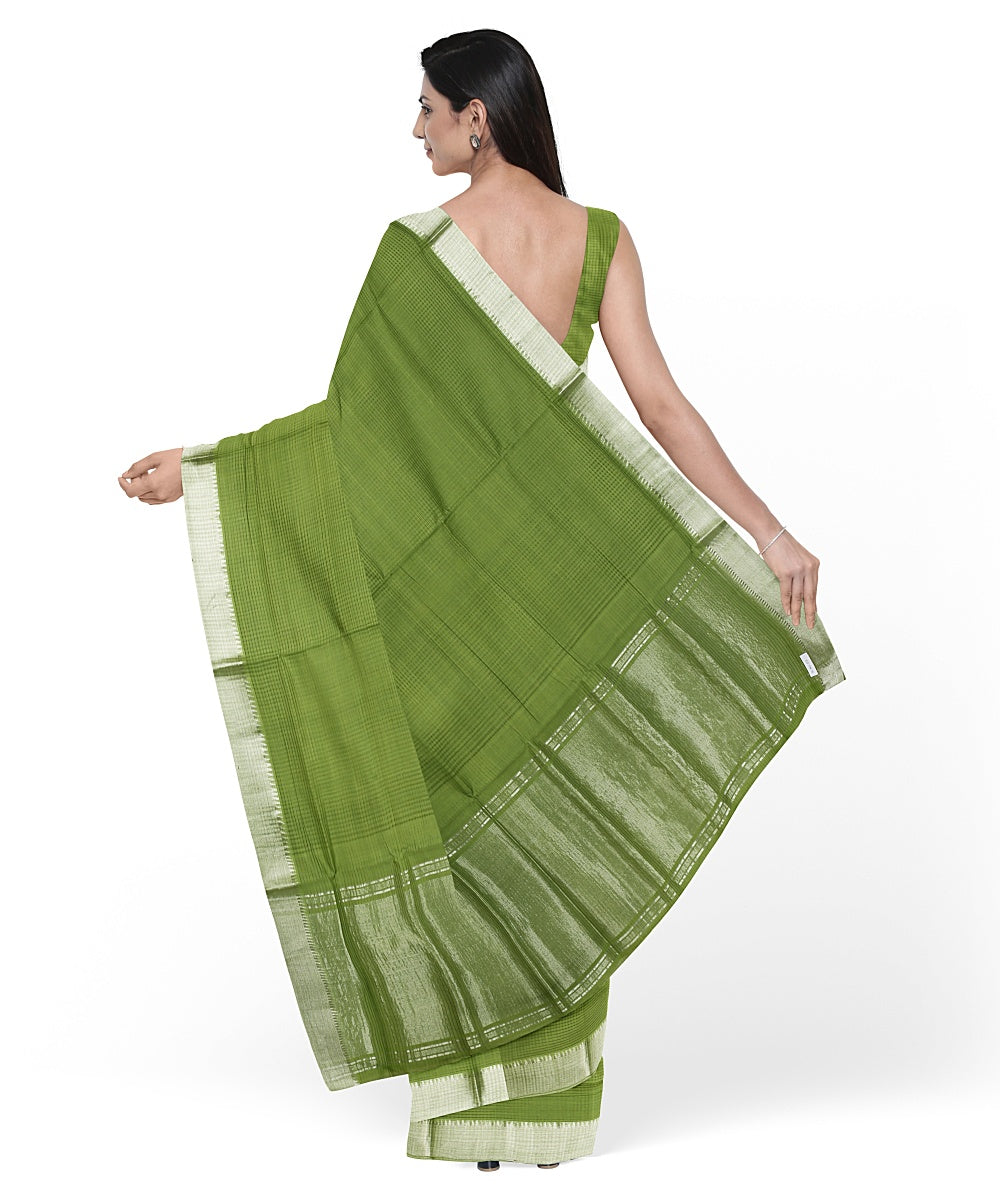 Olive green Silver zari border handloom mangalagiri cotton saree