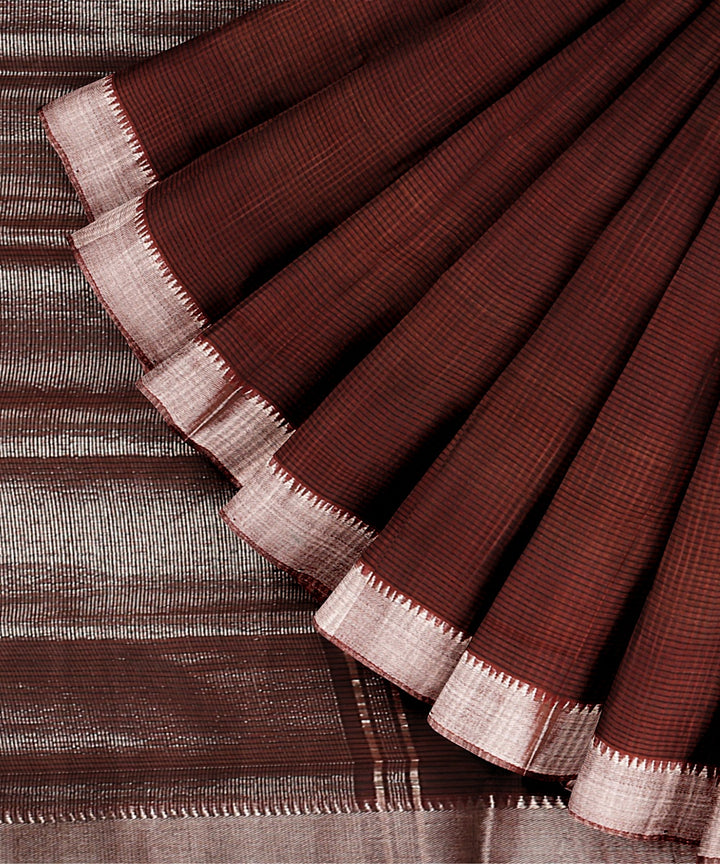 Brown Silver zari border cotton handwoven mangalagiri saree