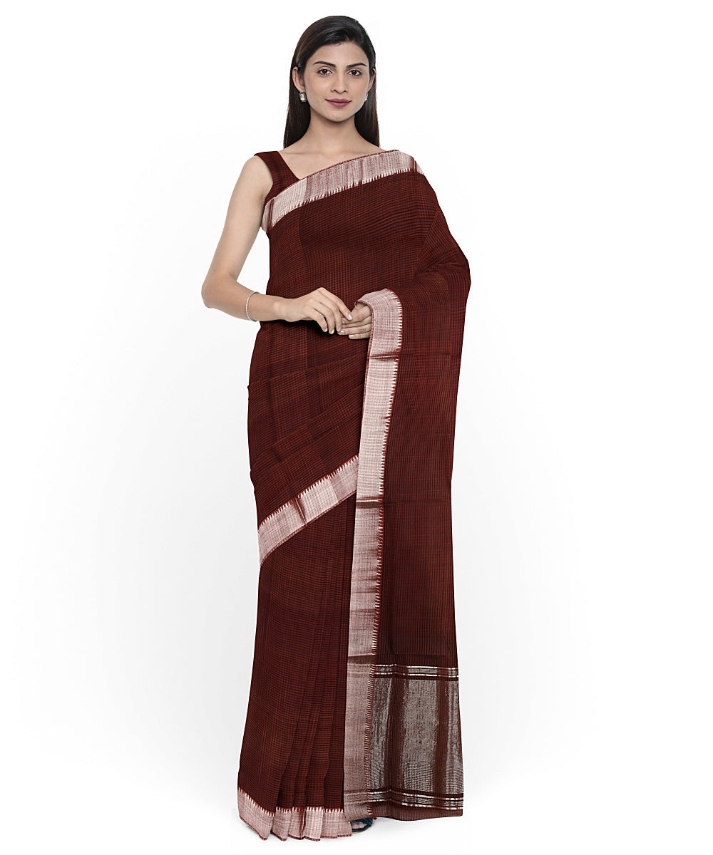 Brown Silver zari border cotton handwoven mangalagiri saree