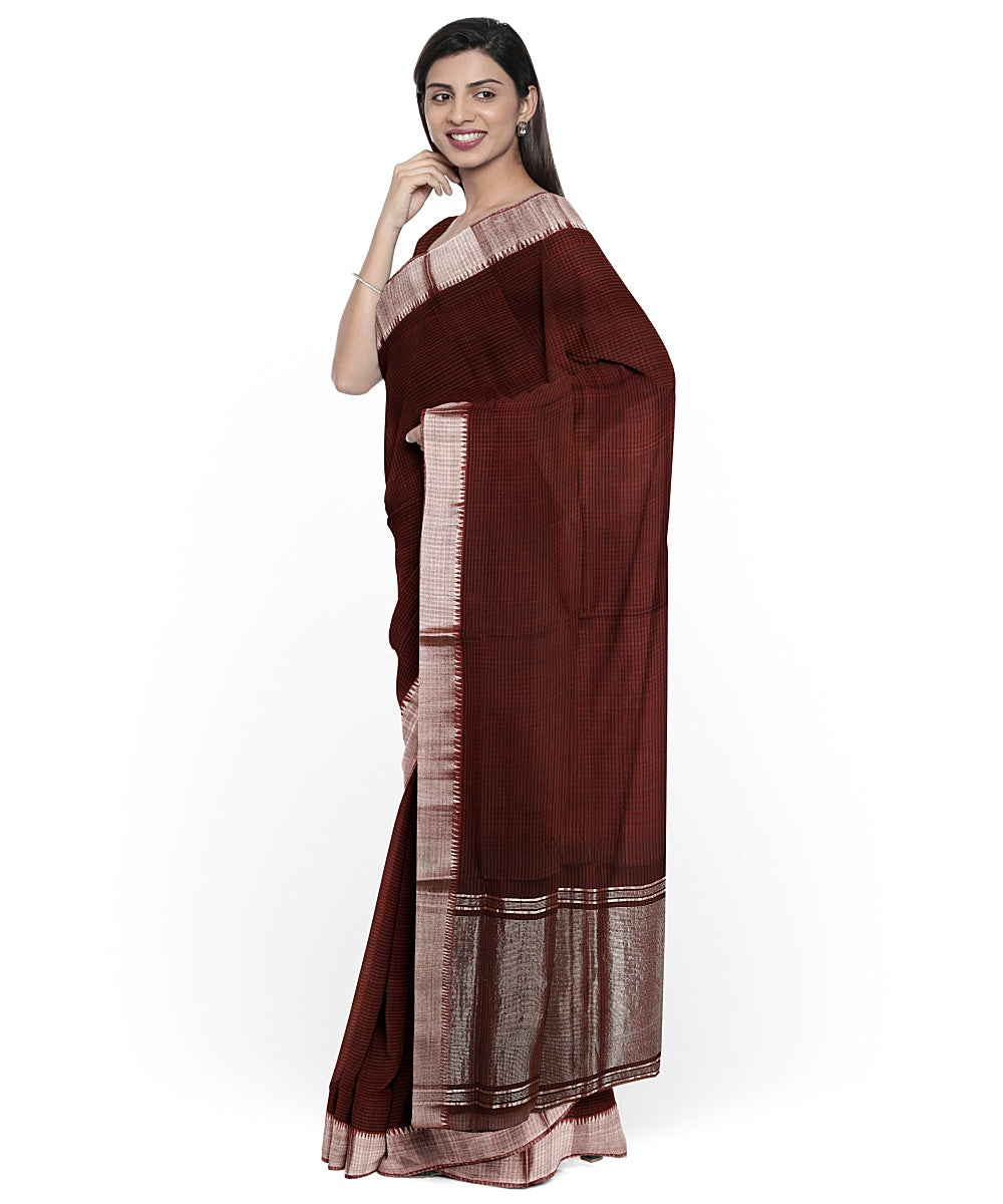 Brown Silver zari border cotton handwoven mangalagiri saree