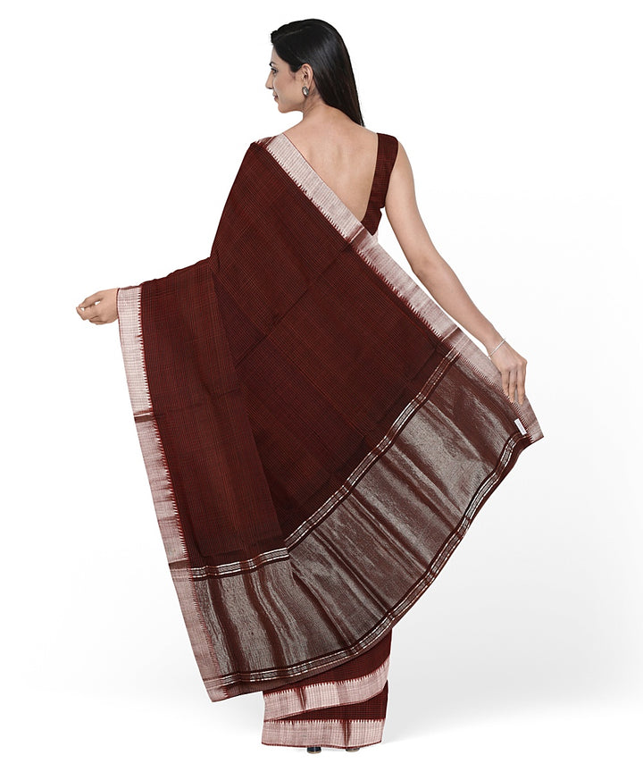 Brown Silver zari border cotton handwoven mangalagiri saree