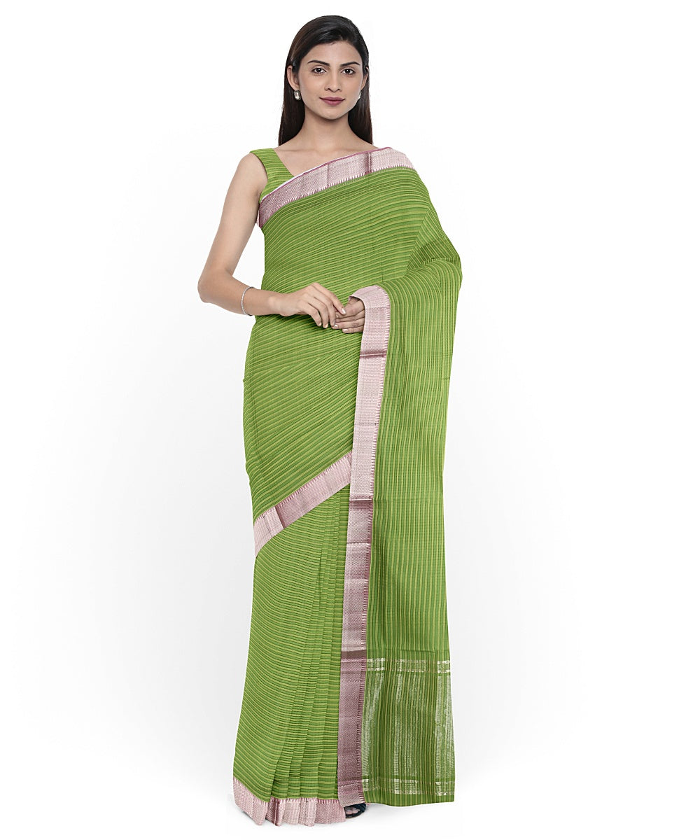 Olive green silver zari border handwoven mangalagiri cotton saree