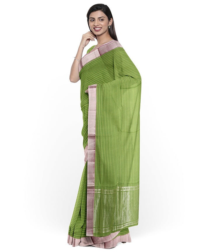 Olive green silver zari border handwoven mangalagiri cotton saree