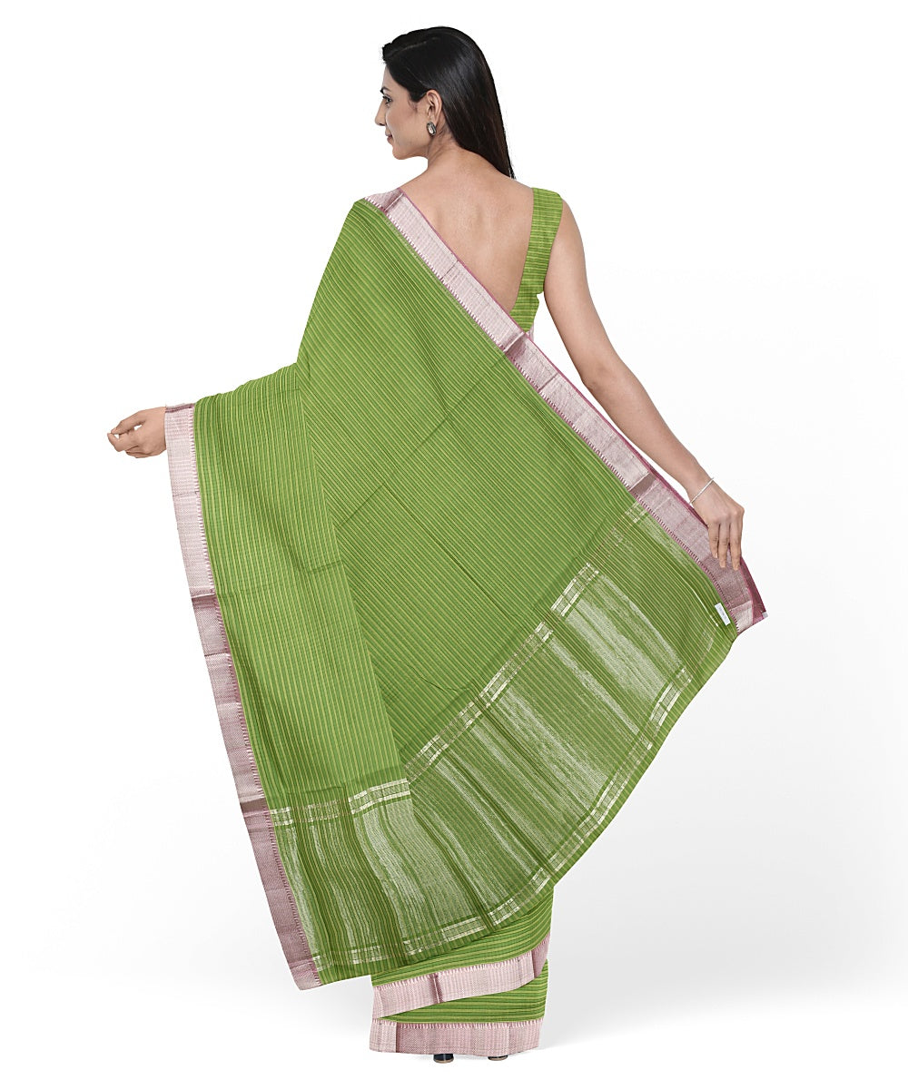 Olive green silver zari border handwoven mangalagiri cotton saree