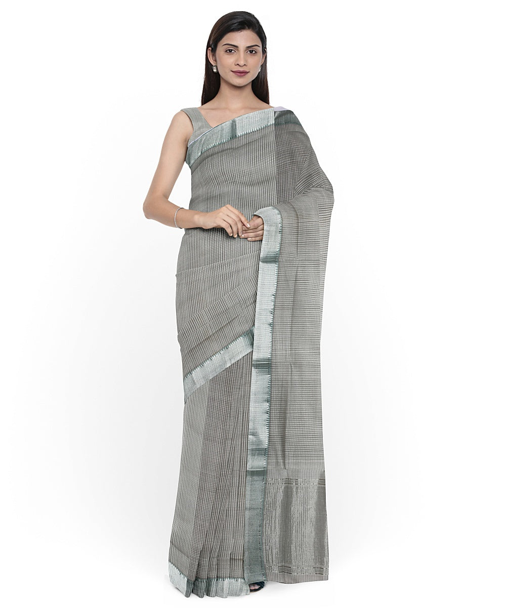 Grey Silver zari border handwoven mangalagiri cotton saree