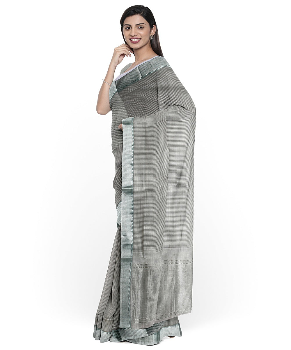 Grey Silver zari border handwoven mangalagiri cotton saree