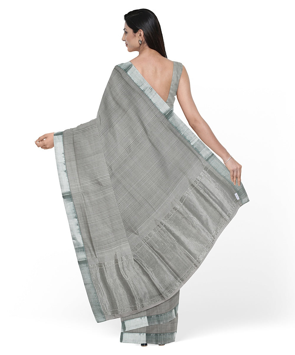 Grey Silver zari border handwoven mangalagiri cotton saree