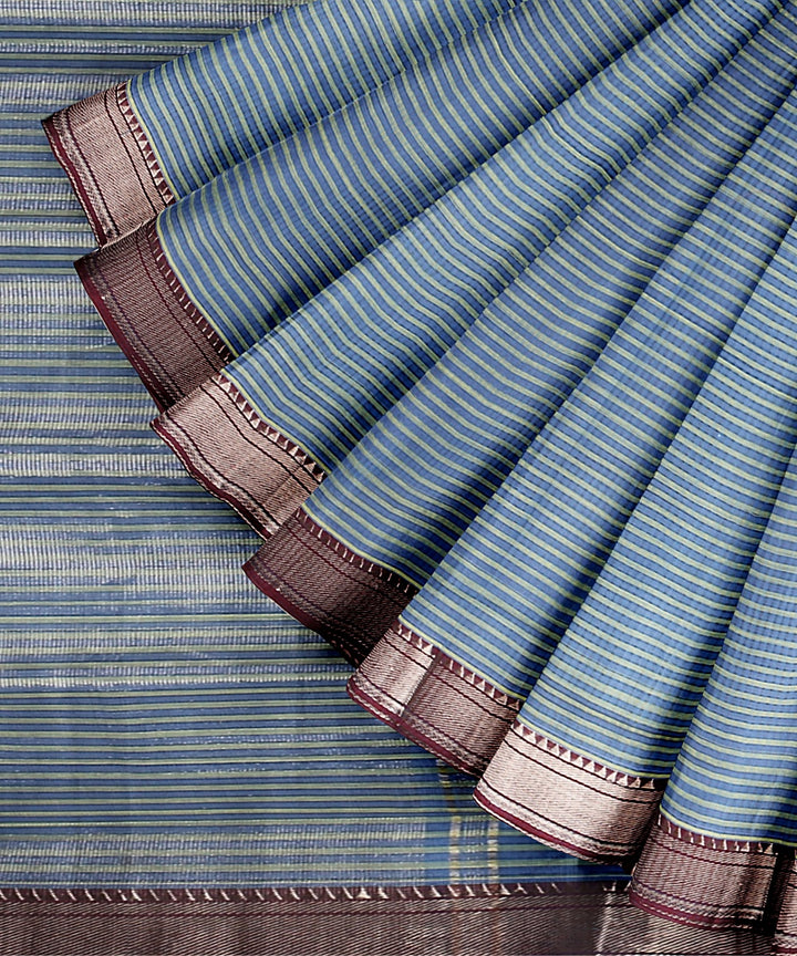 Cyan blue gold zari border handwoven mangalagiri cotton saree