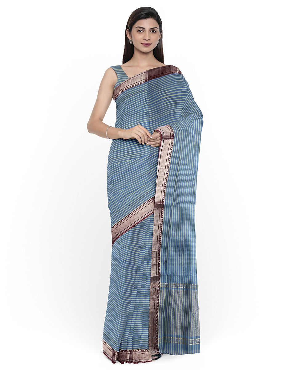 Cyan blue gold zari border handwoven mangalagiri cotton saree