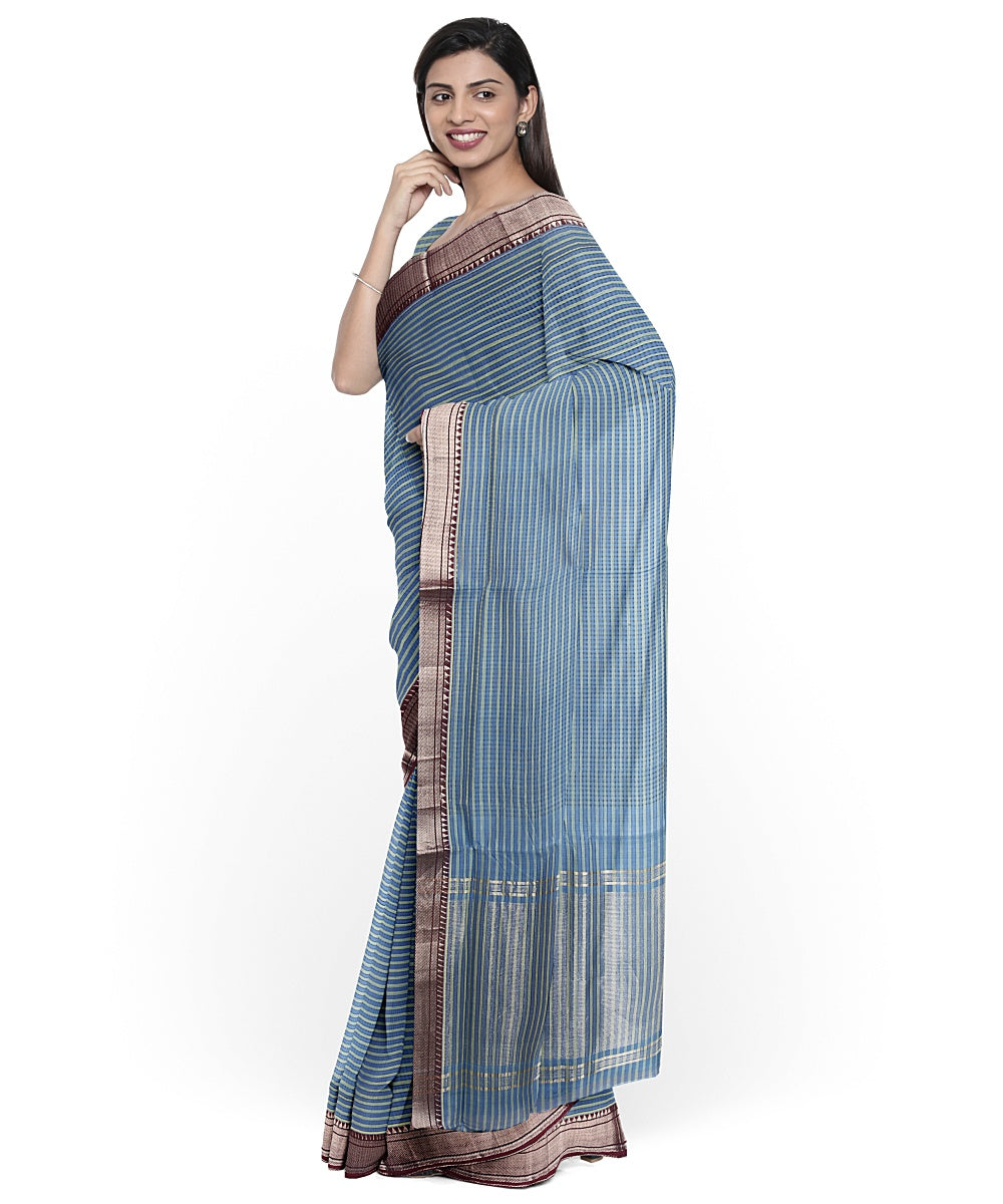 Cyan blue gold zari border handwoven mangalagiri cotton saree
