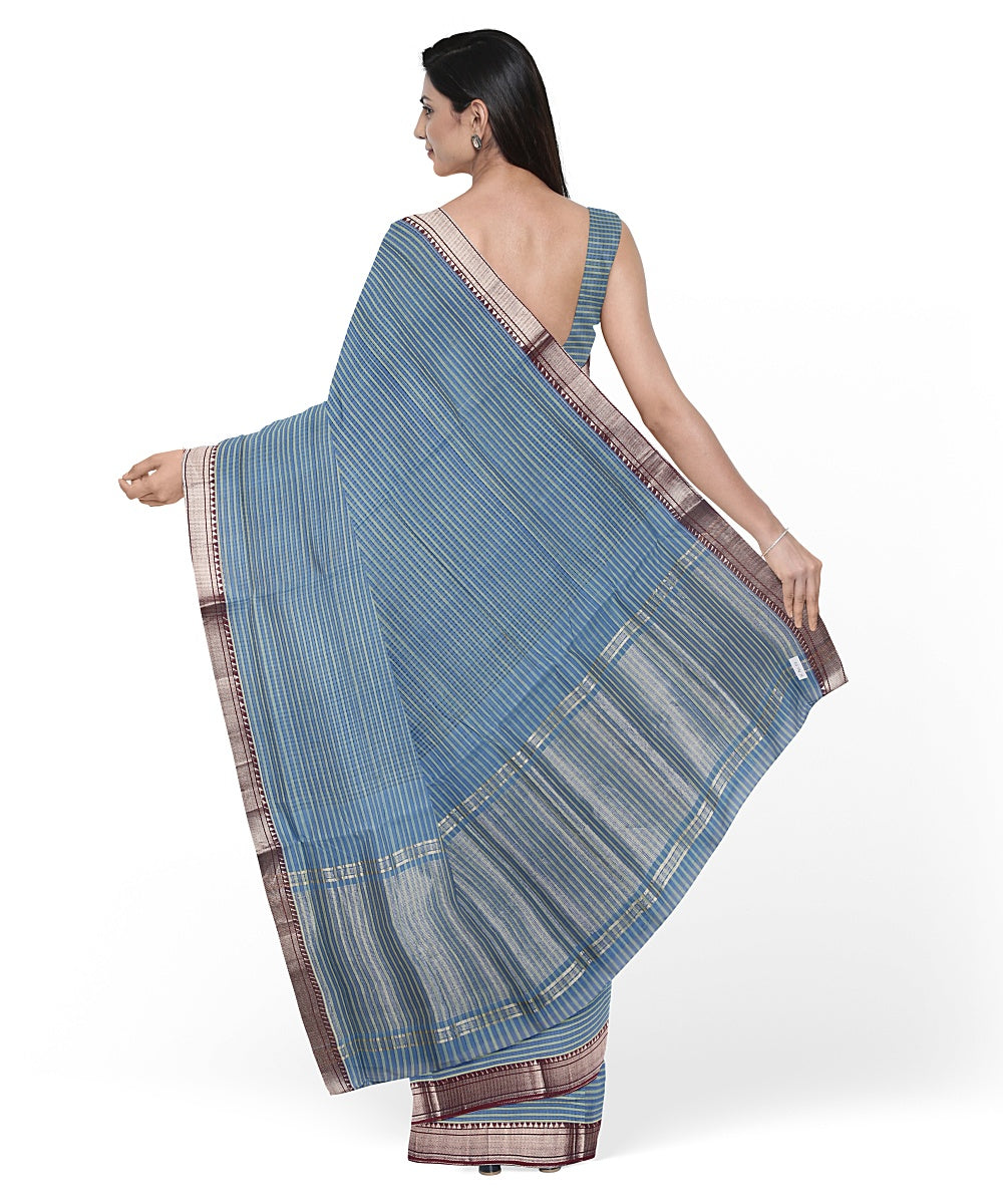 Cyan blue gold zari border handwoven mangalagiri cotton saree
