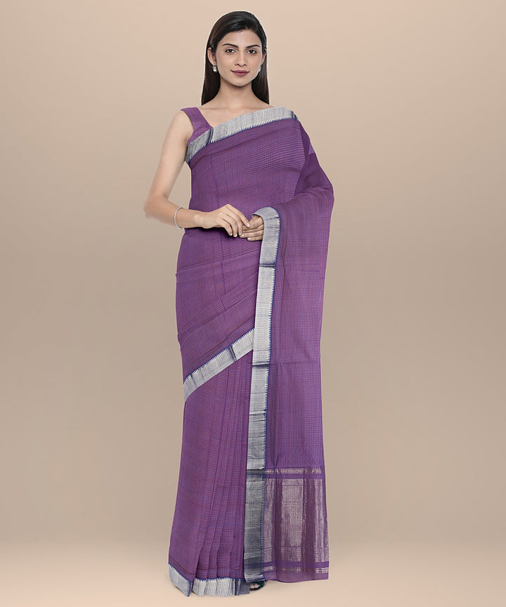 Violet silver zari border handwoven mangalagiri cotton saree