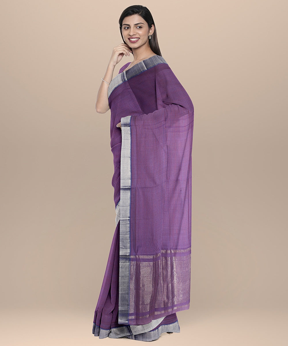 Violet silver zari border handwoven mangalagiri cotton saree