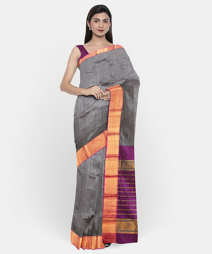 Grey purple handwoven mangalagiri cotton silk saree