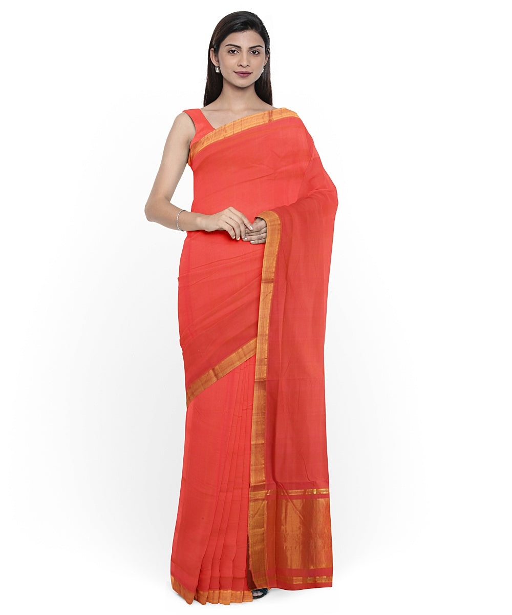 Peach gold zari border mangalagiri cotton handwoven saree