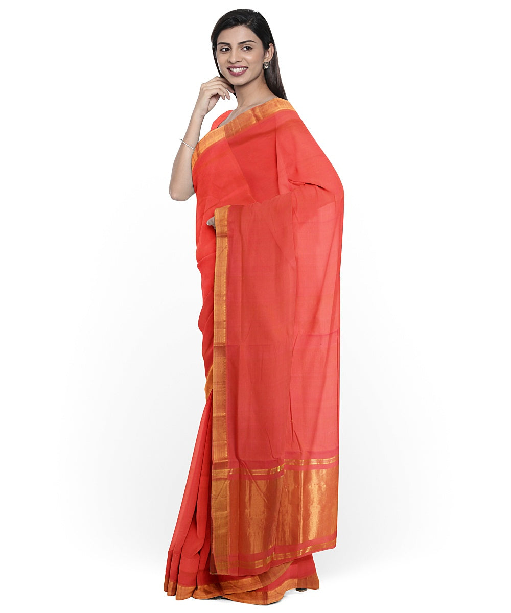 Peach gold zari border mangalagiri cotton handwoven saree