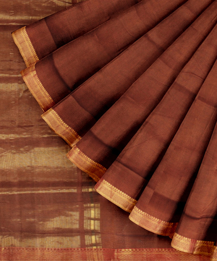 Brown gold zari border mangalagiri handwoven cotton saree