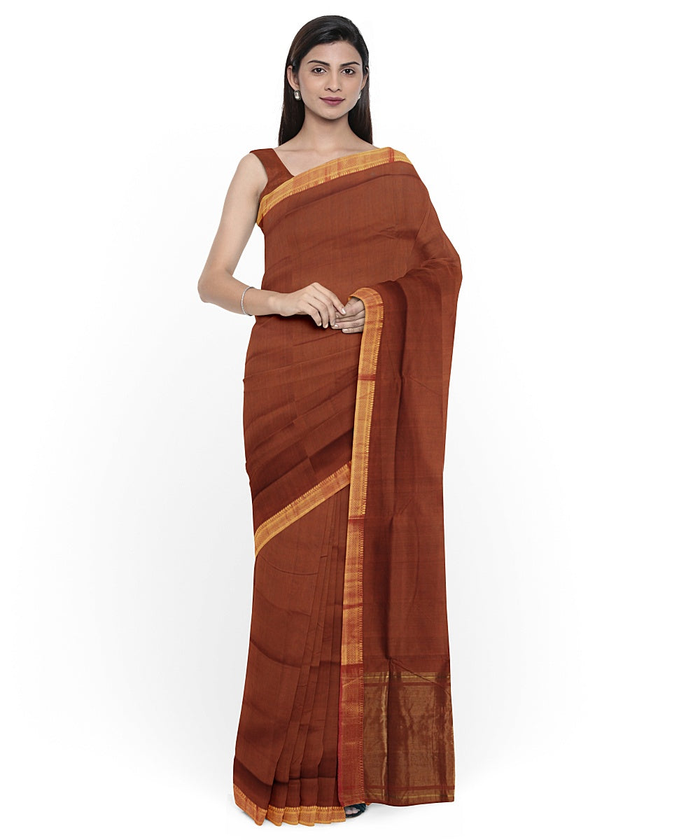 Brown gold zari border mangalagiri handwoven cotton saree