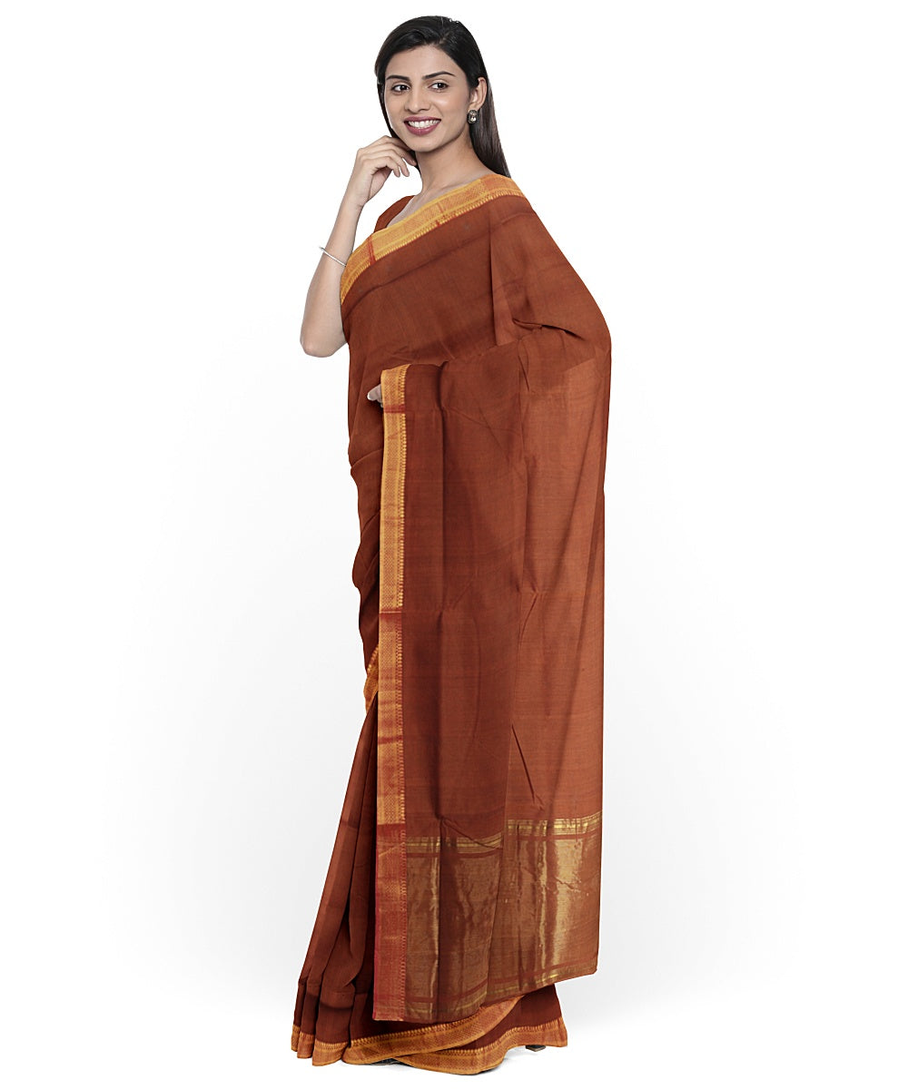 Brown gold zari border mangalagiri handwoven cotton saree