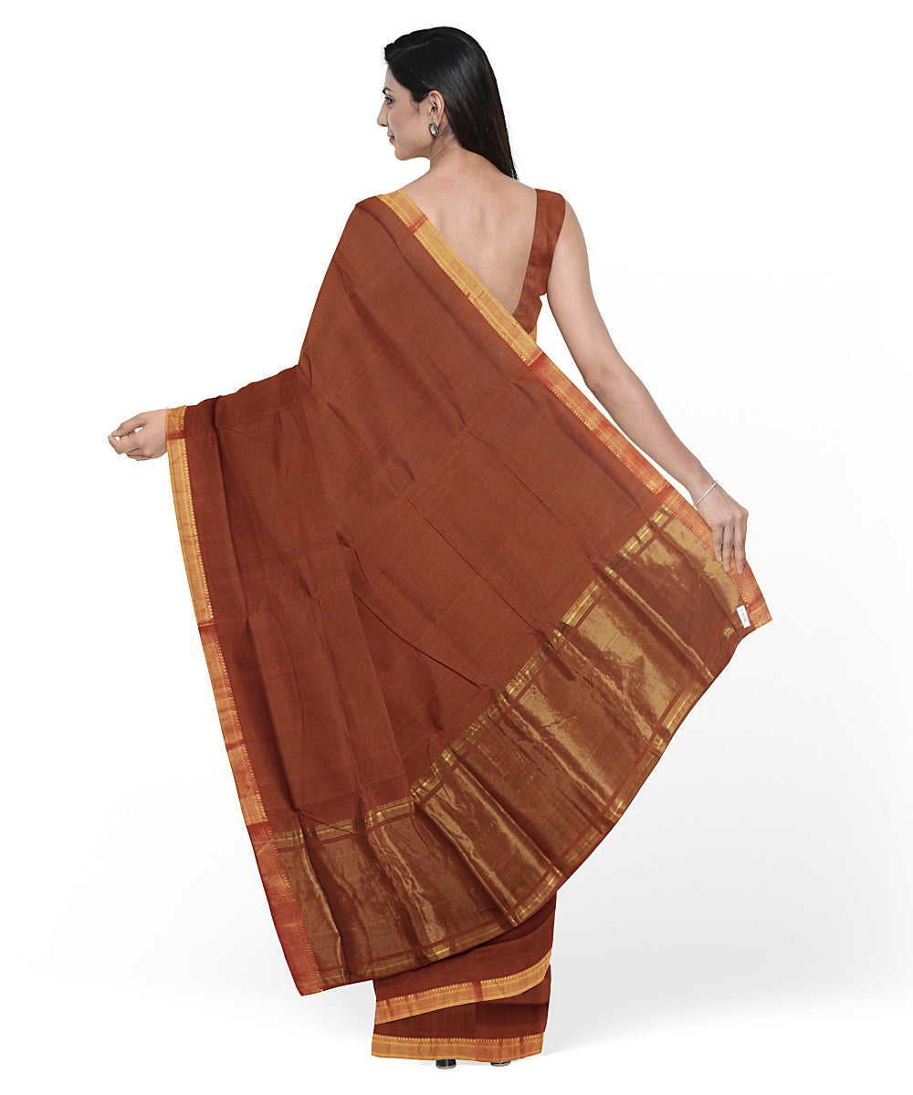 Brown gold zari border mangalagiri handwoven cotton saree