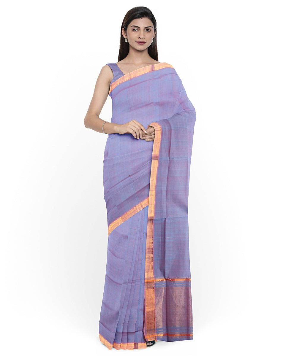 Cyan blue gold zari border handwoven cotton mangalagiri saree