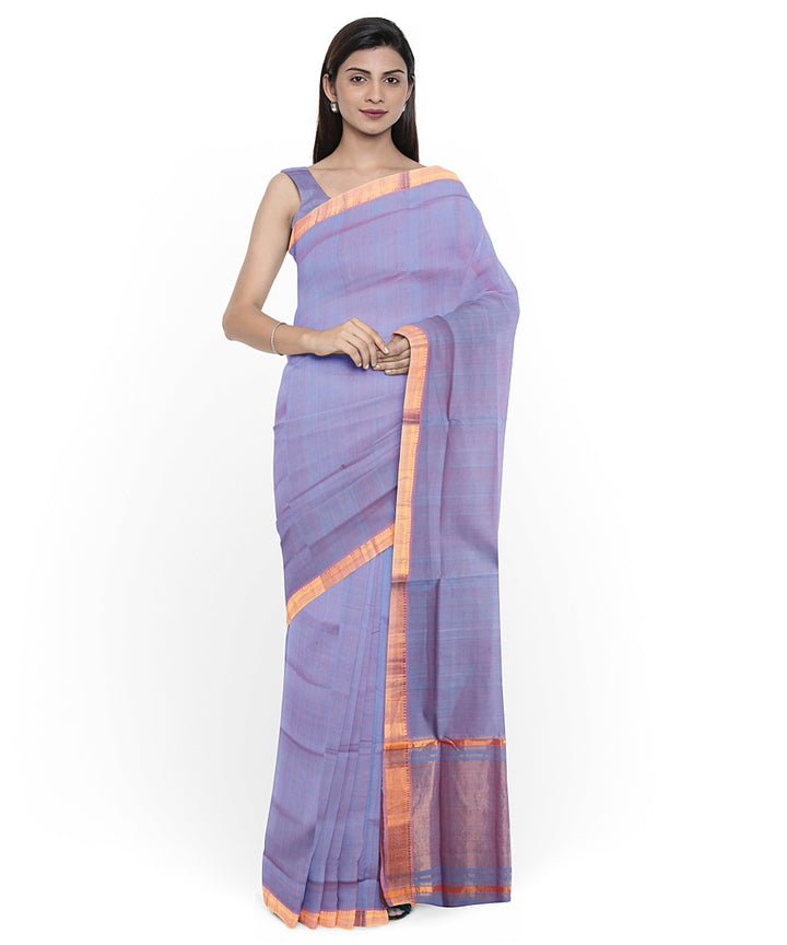 Cyan blue gold zari border handwoven cotton mangalagiri saree