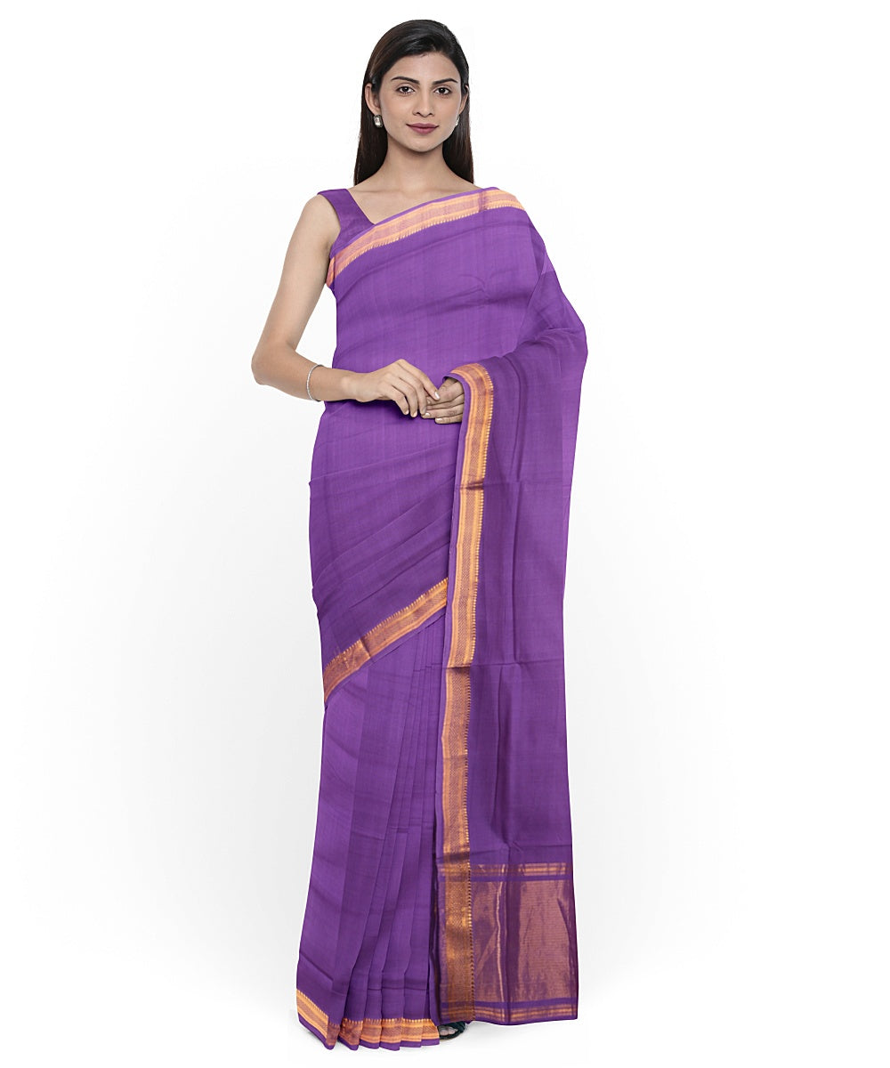 Purple gold zari border handwoven mangalagiri cotton saree