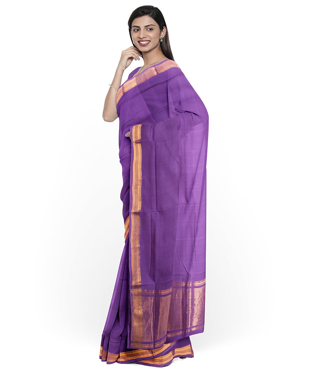 Purple gold zari border handwoven mangalagiri cotton saree