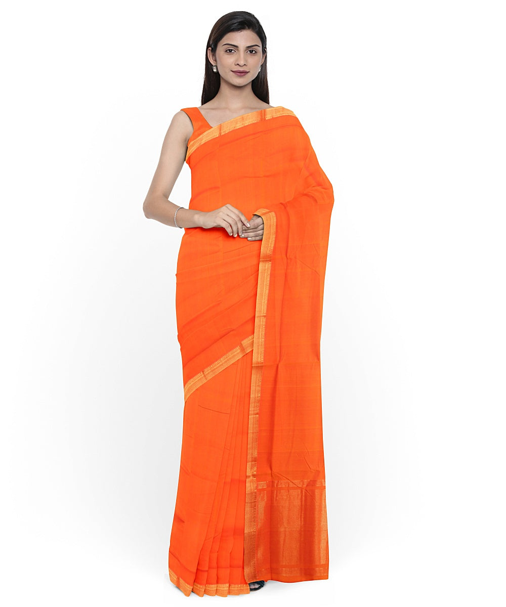 Orange gold zari border handwoven mangalagiri cotton saree