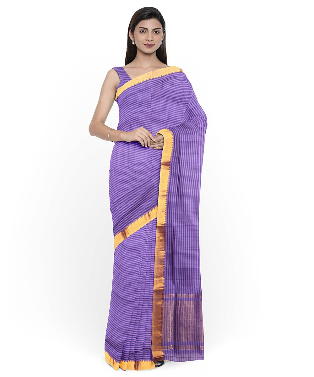 Purple gold zari missing checks handwoven mangalagiri cotton saree