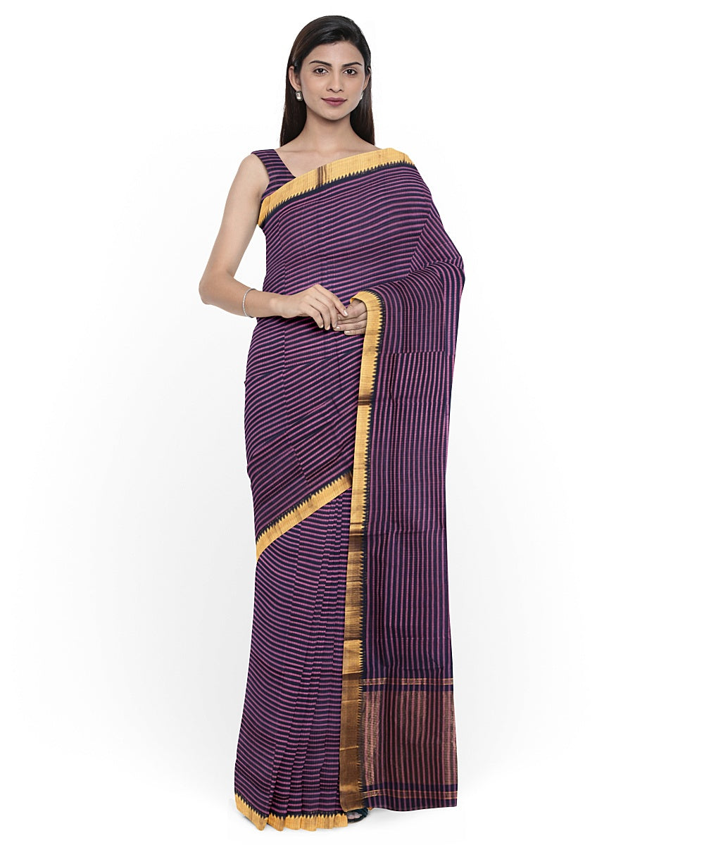 Violet gold zari missing checks handwoven mangalagiri cotton saree