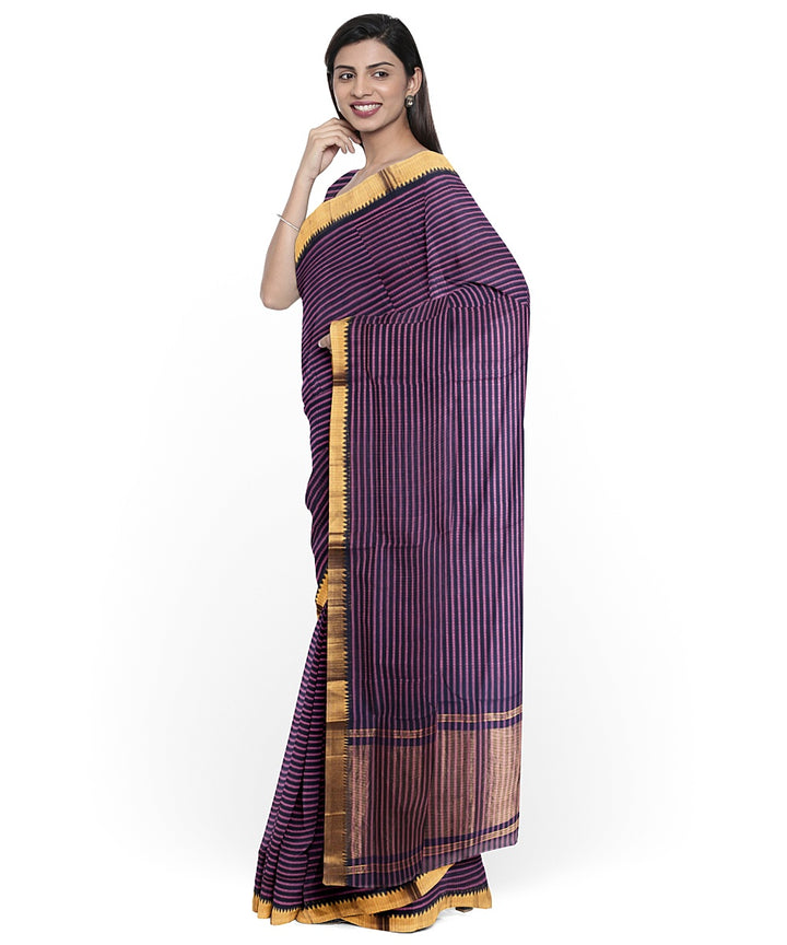 Violet gold zari missing checks handwoven mangalagiri cotton saree