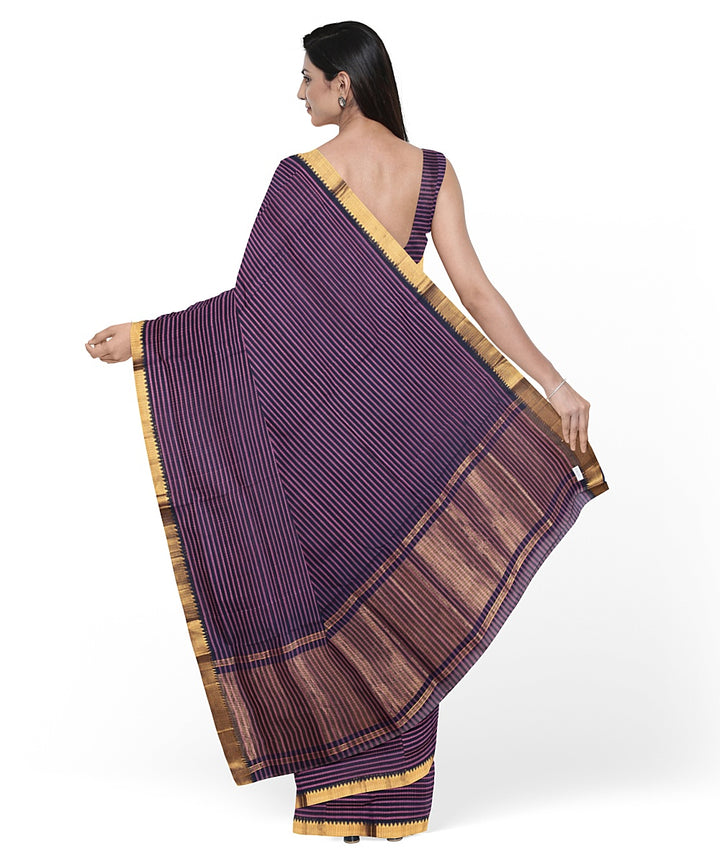 Violet gold zari missing checks handwoven mangalagiri cotton saree